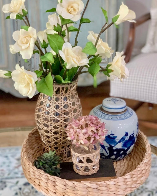 Cane Wrapped Glass Hurricane | Decorative Natural Wicker Lantern