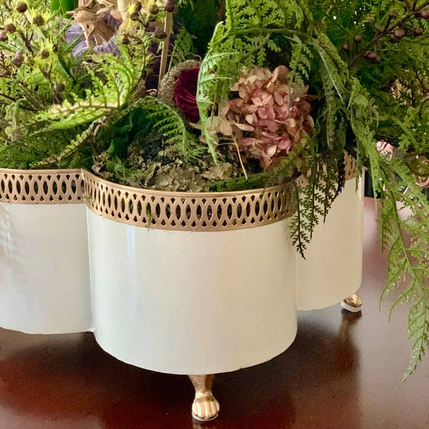 Banded Tole Quatrefoil Planter | Hand-painted Metal Cachepot Planter | Elegant Gold Claw Feet and Gold Banded Detail