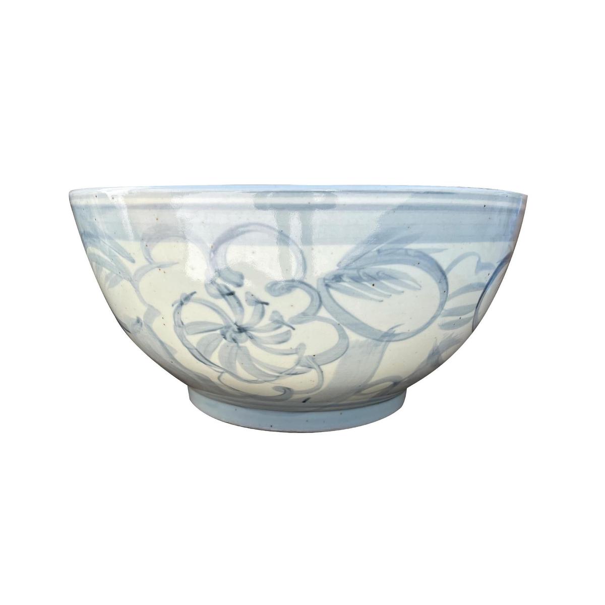Large Light Blue & White Porcelain Decorative Lotus Bowl - Foot Stomp Clay
