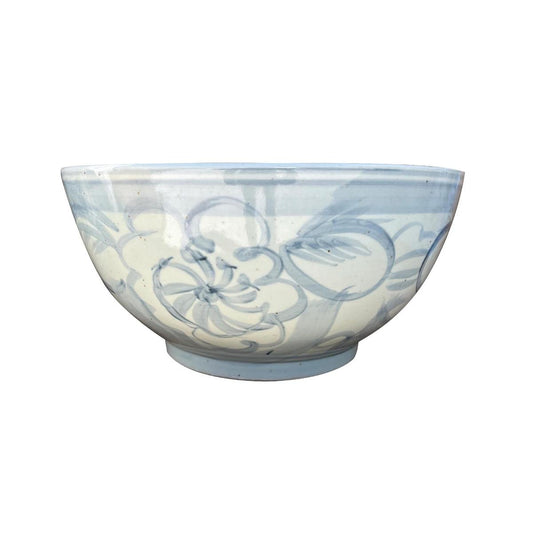 Large Light Blue & White Porcelain Decorative Lotus Bowl - Foot Stomp Clay