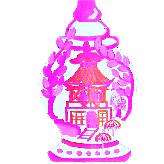 Pink Chinoiserie Temple Jar Decorative Door Hanger with Pagoda Motif
