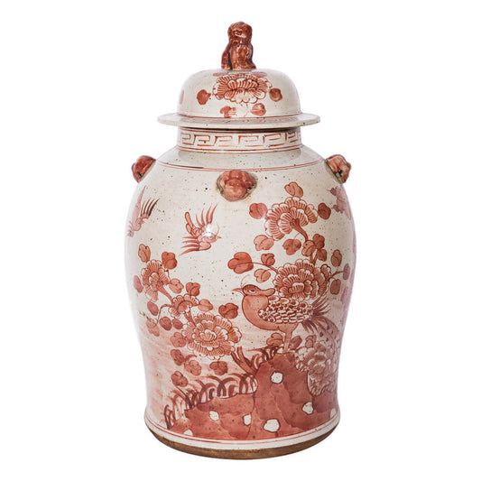 Rustic Maroon Porcelain Red Flower and Bird Temple Jar