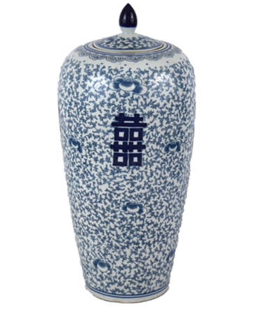 Tall Blue & White Porcelain Happiness Melon Jar