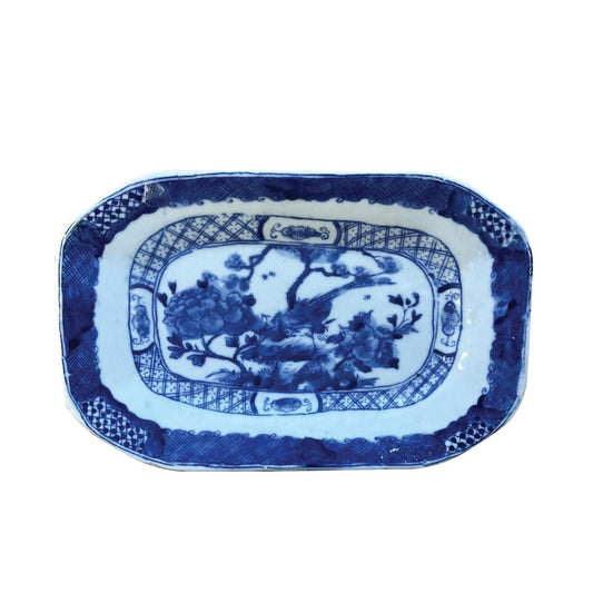 Small Blue and White Plate with Floral and Bird Motif