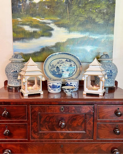 Tole Pagoda Lantern | Decorative Chinoiserie Hand-painted Metal Lantern