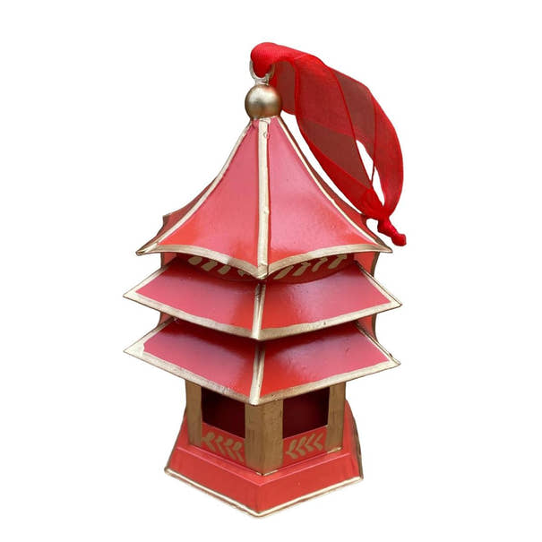 Tole Pagoda Ornament | Hand-painted Chinoiserie Decorative Accent