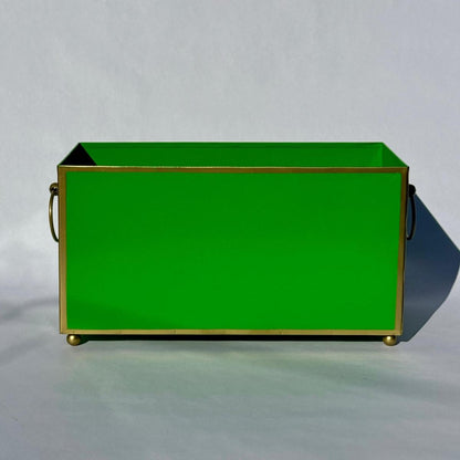 Tole Rectangular Planter | Handpainted Metal Planter with Gold Ring Handles