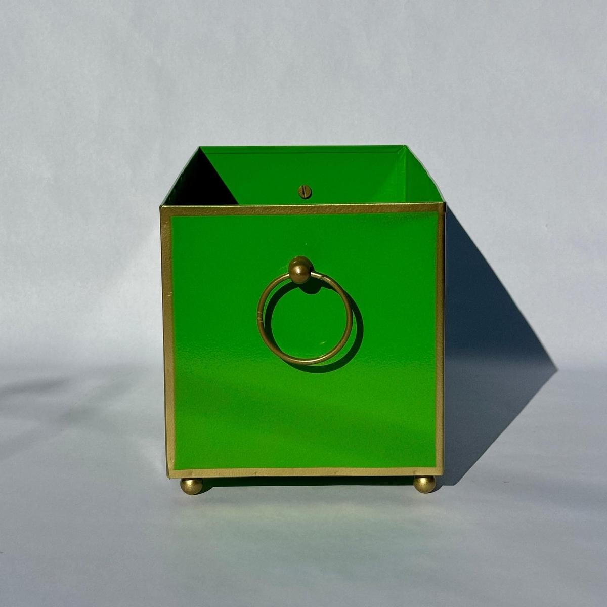Tole Rectangular Planter | Handpainted Metal Planter with Gold Ring Handles