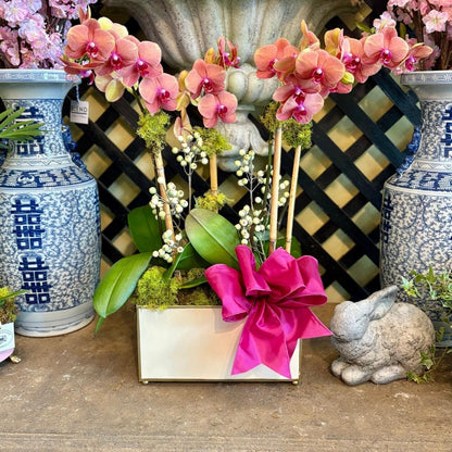 Tole Rectangular Planter | Handpainted Metal Planter with Gold Ring Handles