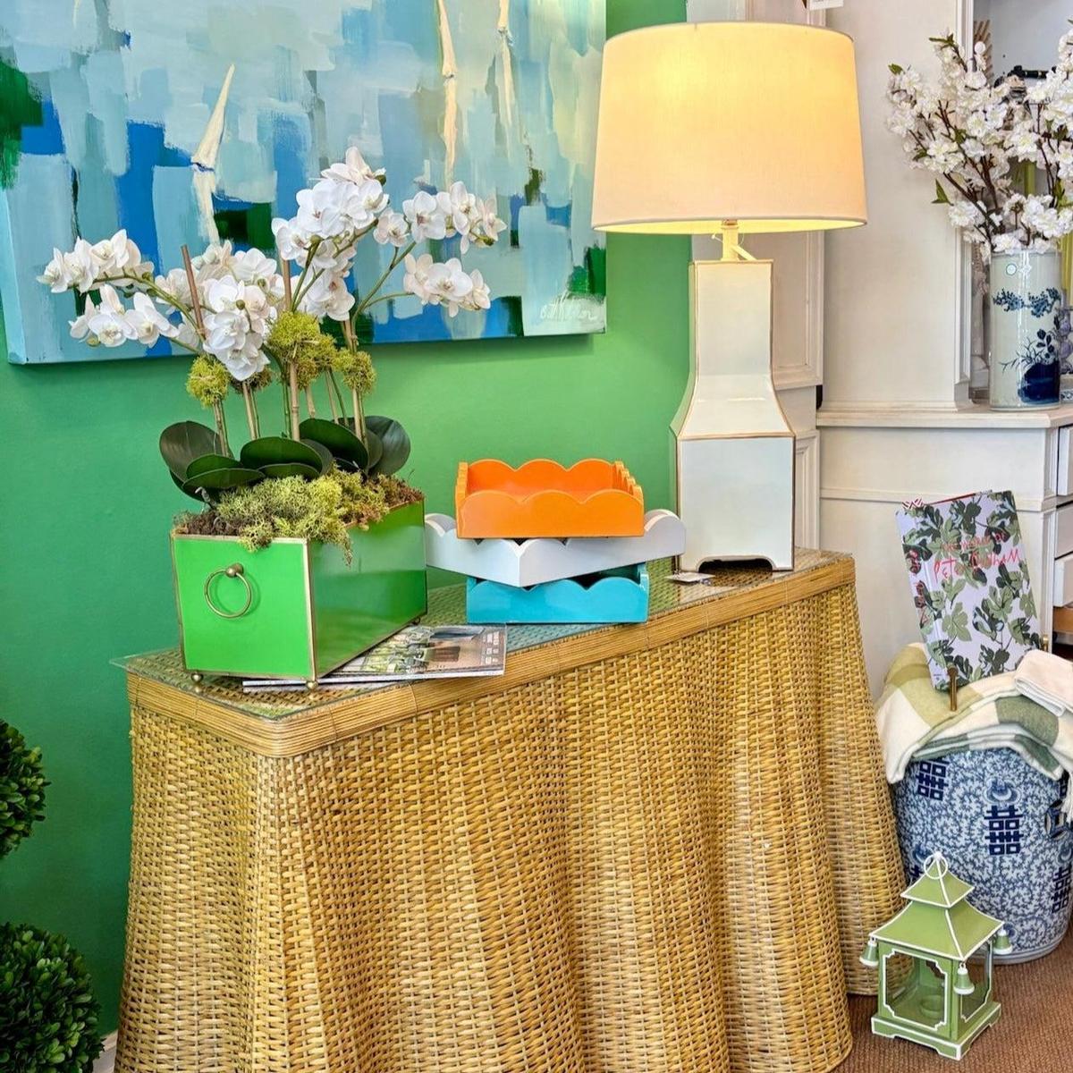 Tole Rectangular Planter | Handpainted Metal Planter with Gold Ring Handles
