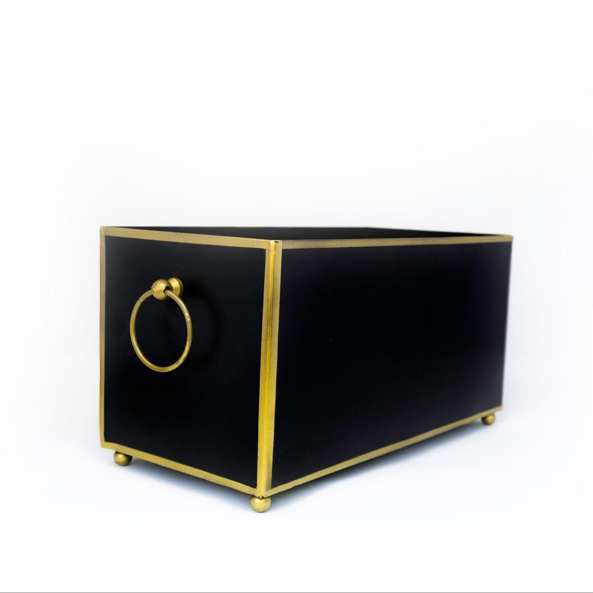 Tole Rectangular Planter | Handpainted Metal Planter with Gold Ring Handles