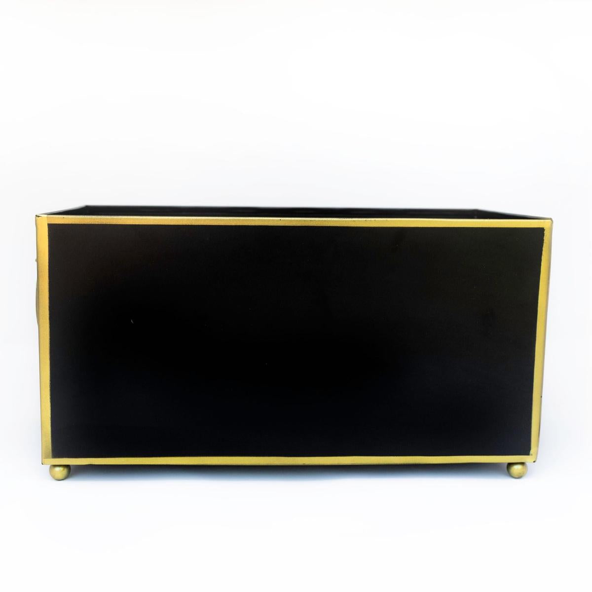 Tole Rectangular Planter | Handpainted Metal Planter with Gold Ring Handles