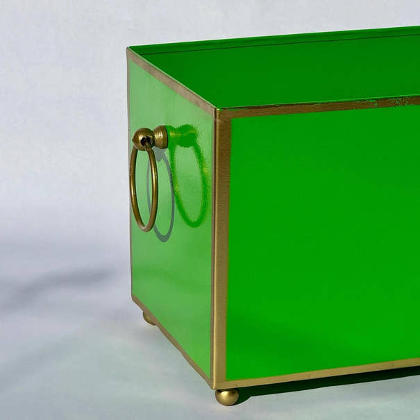 Tole Rectangular Planter | Handpainted Metal Planter with Gold Ring Handles