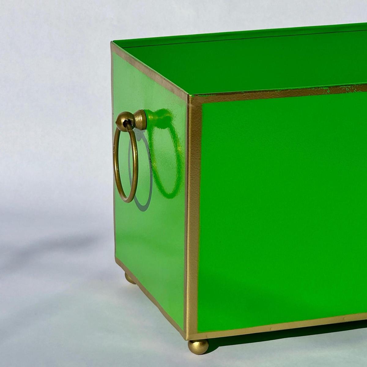 Tole Rectangular Planter | Handpainted Metal Planter with Gold Ring Handles