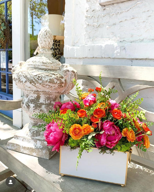Tole Rectangular Planter | Handpainted Metal Planter with Gold Ring Handles
