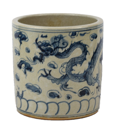 Blue and White Planter with Dragon and Symbol Motif