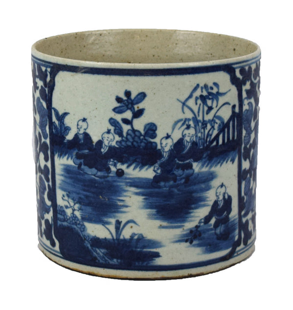 Blue & White Porcelain 9" Brush Pot - Straight Wall Planter - Foot Stomp Clay