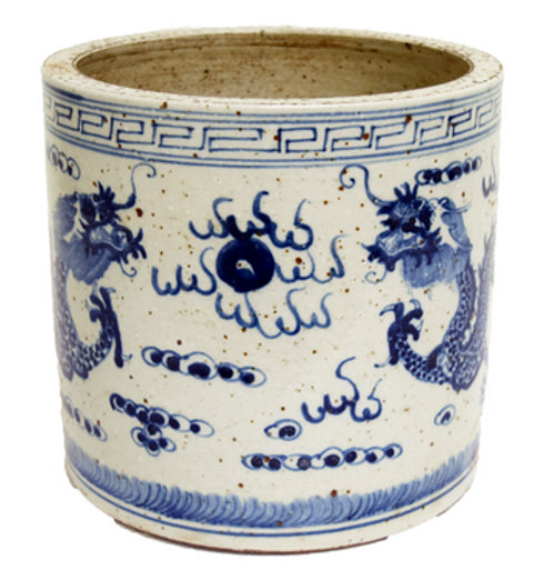 Blue & White Porcelain 8.5" Brush Pot - Straight Wall Planter - Foot Stomp Clay