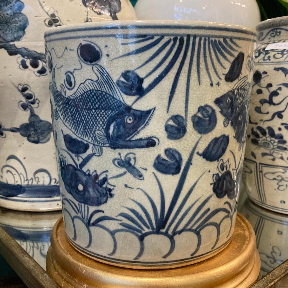 Blue & White Porcelain 8" Brush Pot - Straight Wall Planter - Foot Stomp Clay