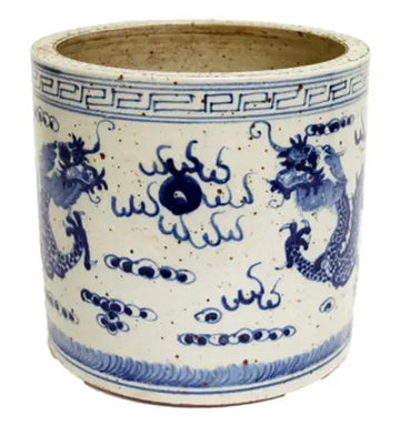 Blue & White Porcelain 8.5" Brush Pot - Straight Wall Planter - Foot Stomp Clay