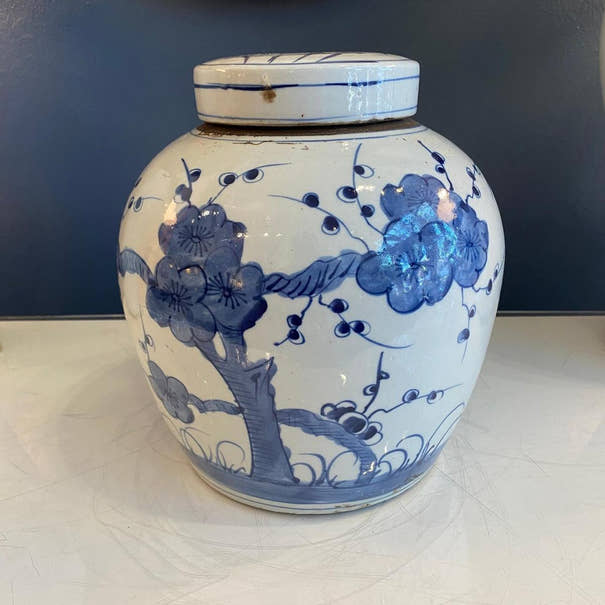 Blue & White Porcelain 9" Bamboo Ginger Jar