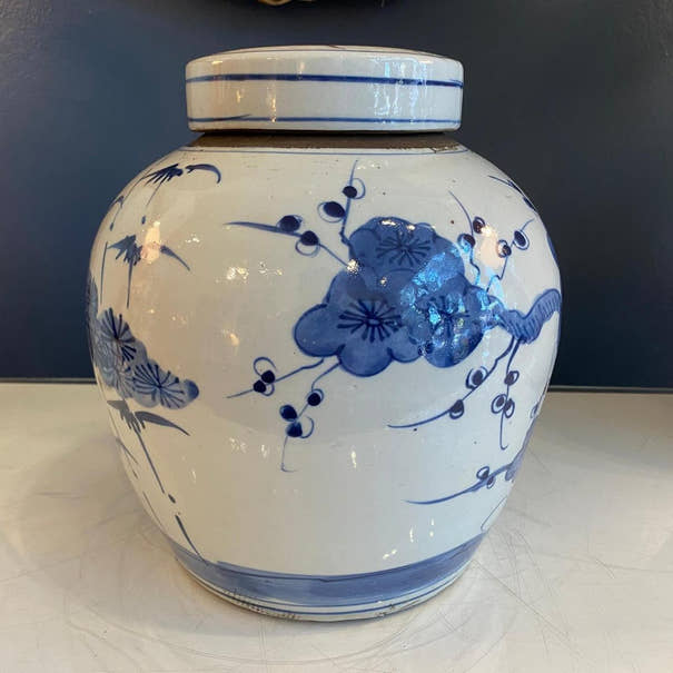 Blue & White Porcelain 9" Bamboo Ginger Jar