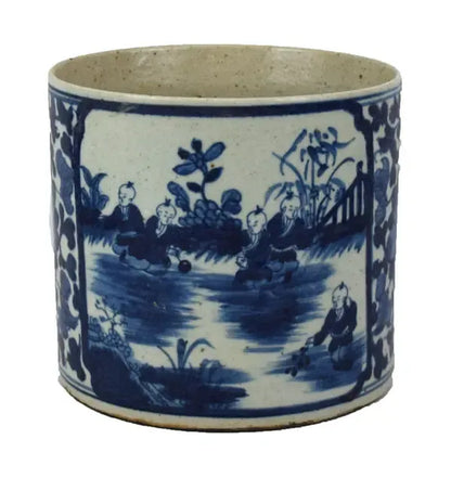 Blue & White Porcelain 9" Brush Pot - Straight Wall Planter - Foot Stomp Clay
