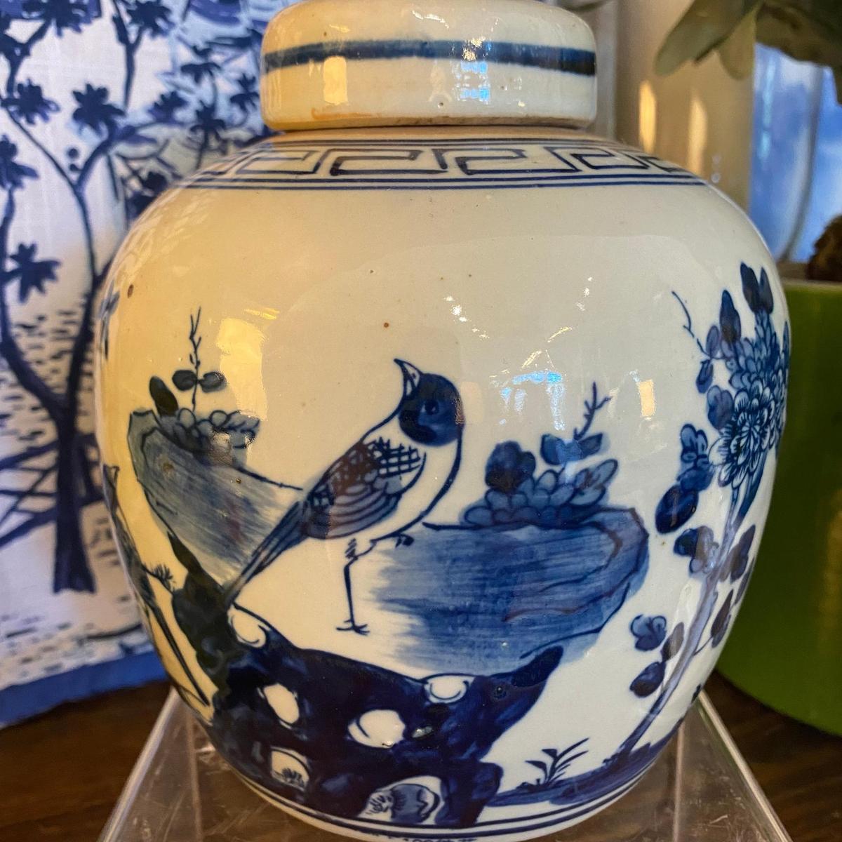 Blue & White Porcelain Bird Ginger Jar