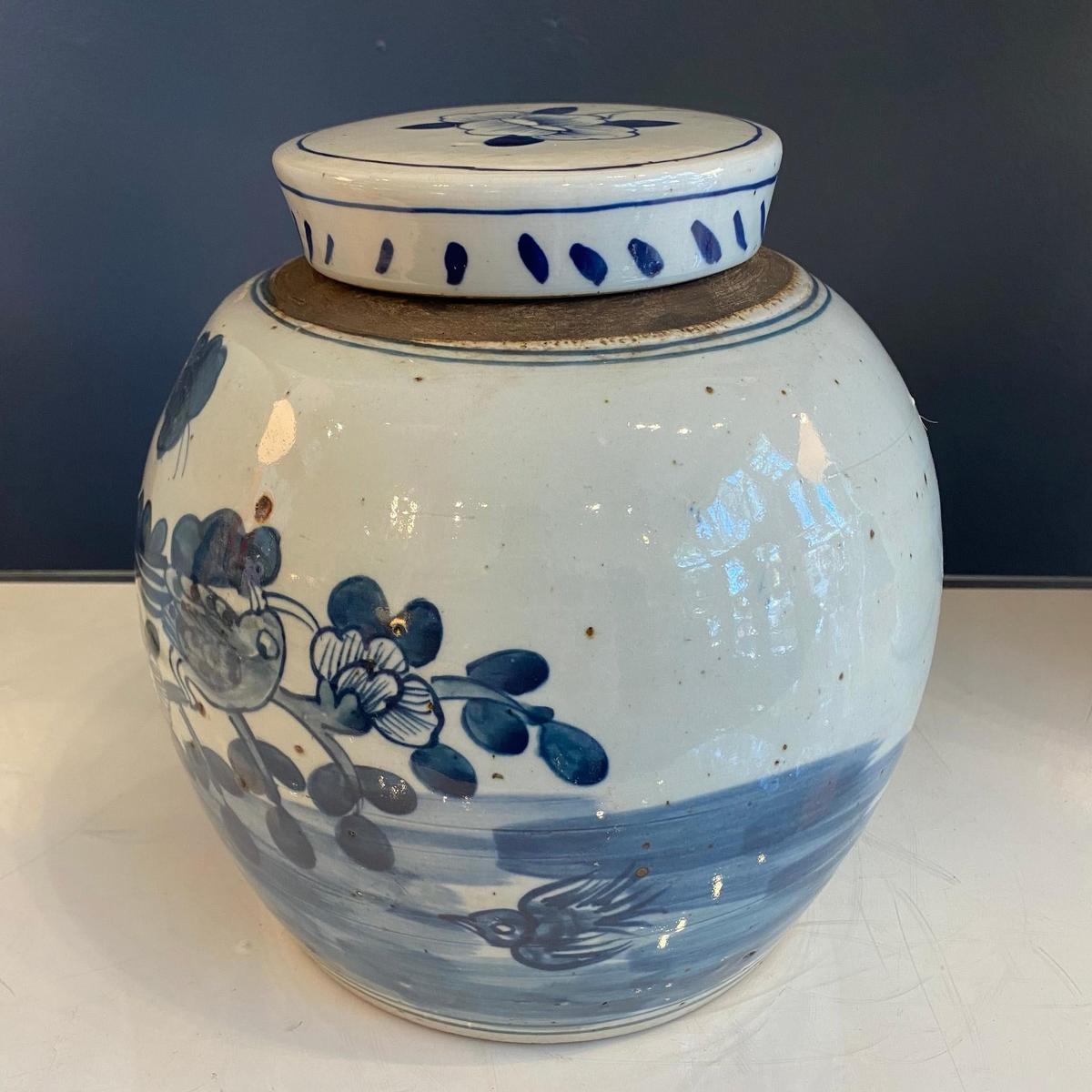 Blue & White Porcelain Bird Ginger Jar