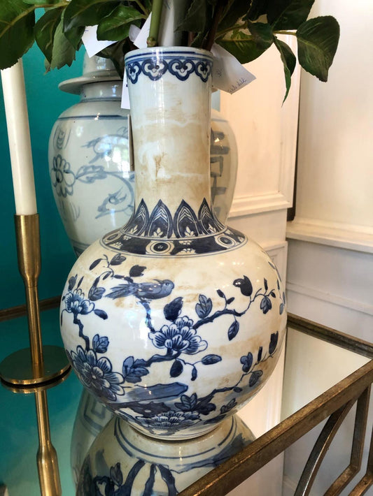 Blue & White Porcelain Bird and Flowering Tree Vase