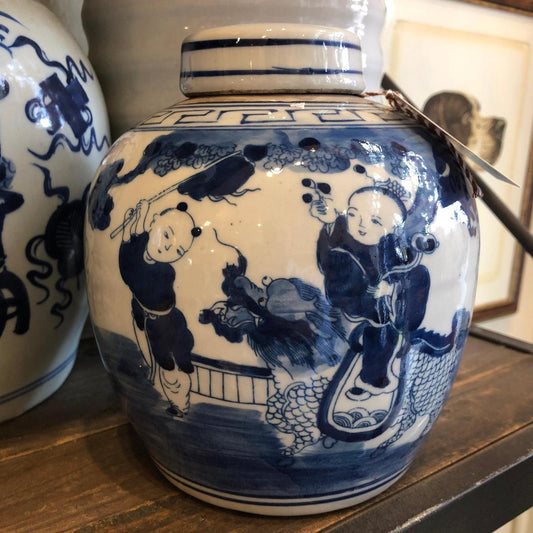 Blue & White Porcelain Children & Qiln Ginger Jar