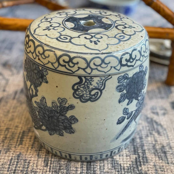 Blue & White Porcelain Miniature Lotus Floral Garden Stool