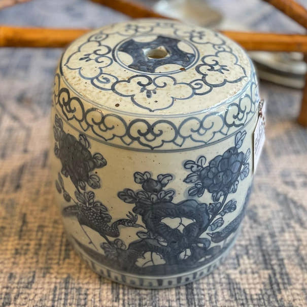 Blue & White Porcelain Miniature Lotus Floral Garden Stool