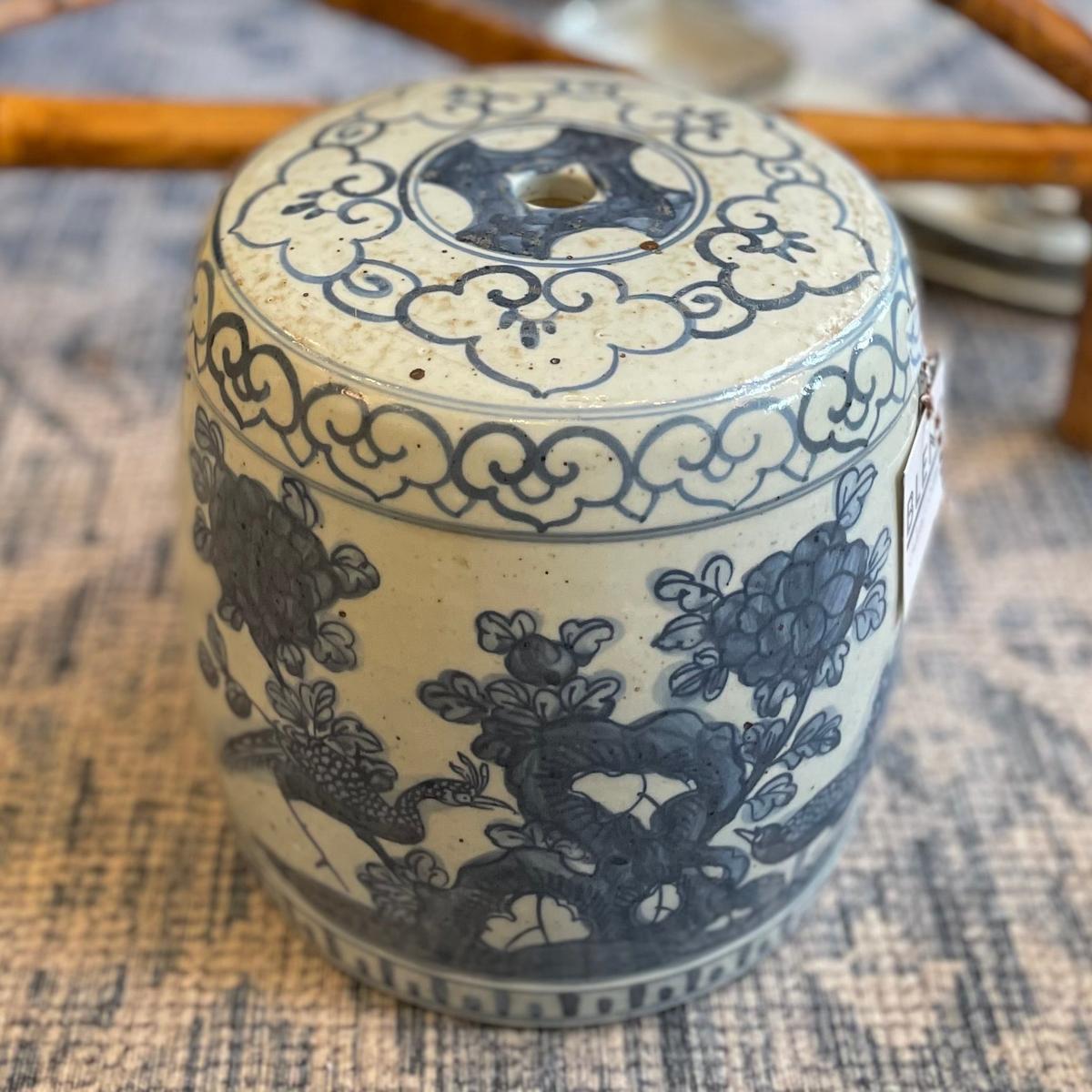 Blue & White Porcelain Miniature Lotus Floral Garden Stool
