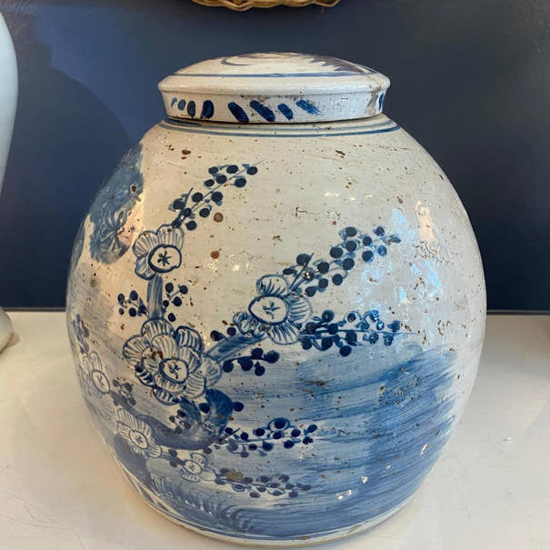 Blue & White Porcelain Plant Ginger Jar