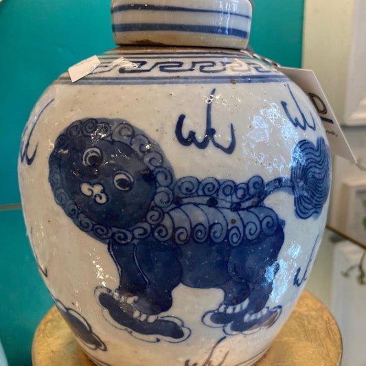 Blue & White Porcelain Small Foo Dog Ginger Jar