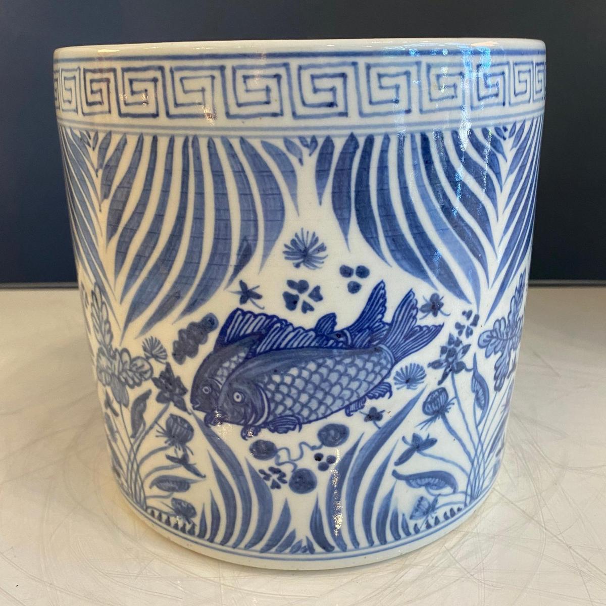 Blue and White Porcelain Fish Planter - Foot Stomp Clay