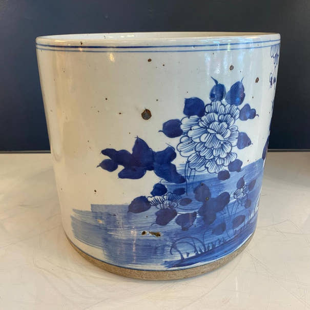 Blue and White Porcelain Floral Motif Planter - Foot Stomp Clay