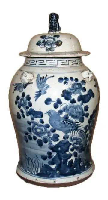 Blue and White Porcelain Floral Motif Temple Jar