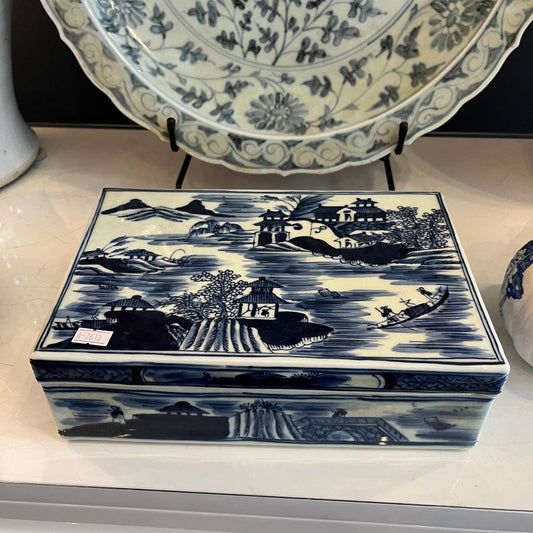 Blue and White Porcelain Landscape Canton Box