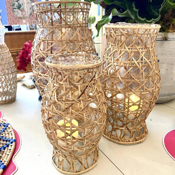 Cane Wrapped Glass Hurricane | Decorative Natural Wicker Lantern