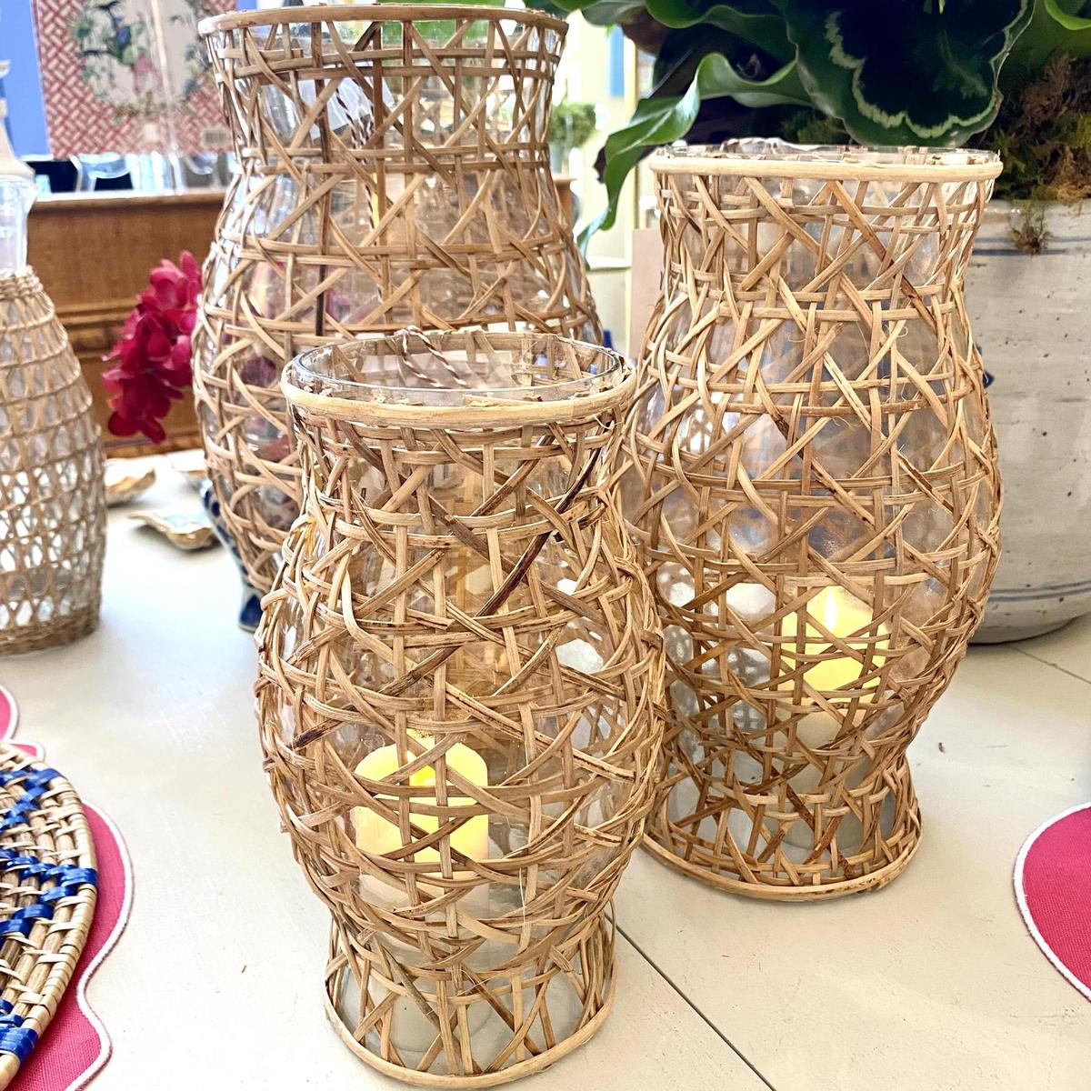 Cane Wrapped Glass Hurricane | Decorative Natural Wicker Lantern