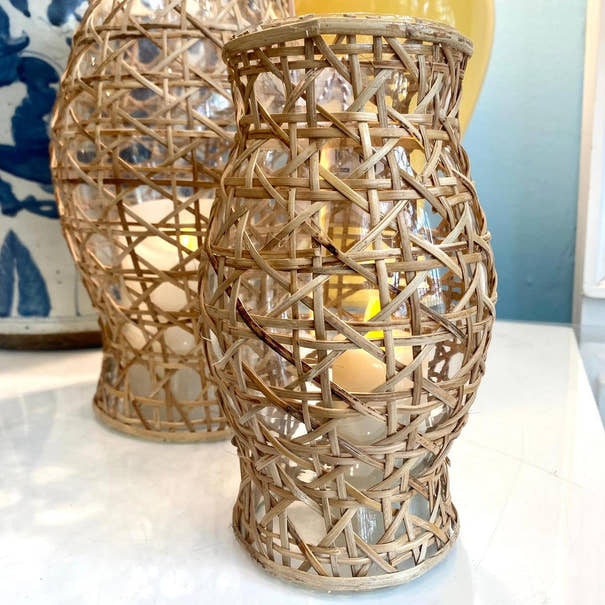 Cane Wrapped Glass Hurricane | Decorative Natural Wicker Lantern