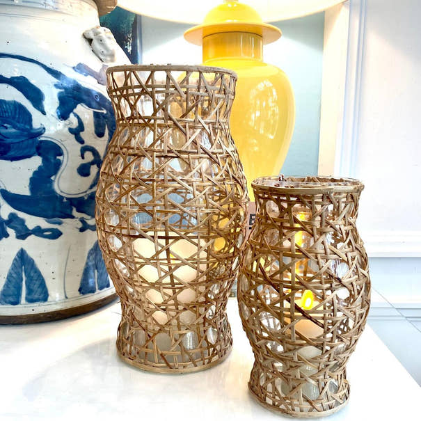 Cane Wrapped Glass Hurricane | Decorative Natural Wicker Lantern