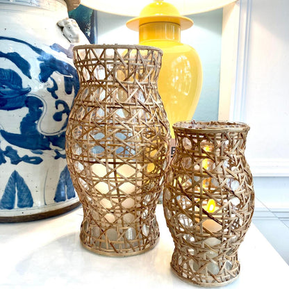 Cane Wrapped Glass Hurricane | Decorative Natural Wicker Lantern