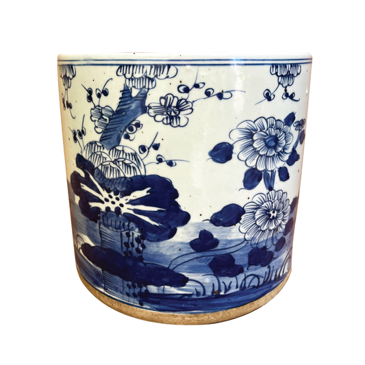 Blue and White Porcelain Floral Motif Planter - Foot Stomp Clay