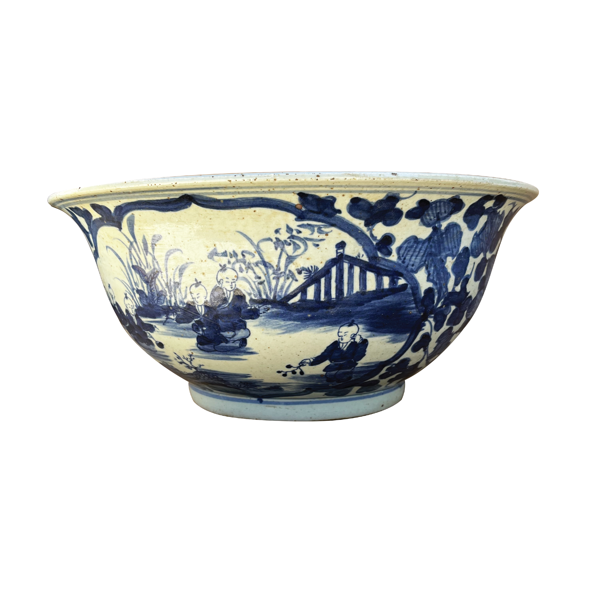 Large Blue and White Bowl with Children Playing Motif