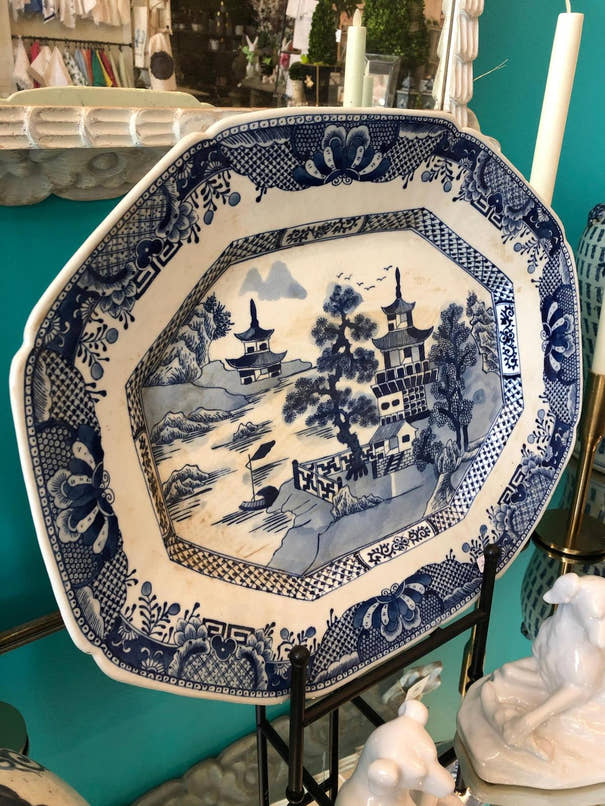Extra Large Blue & White Porcelain Pagoda River Landscape Decorative Tray