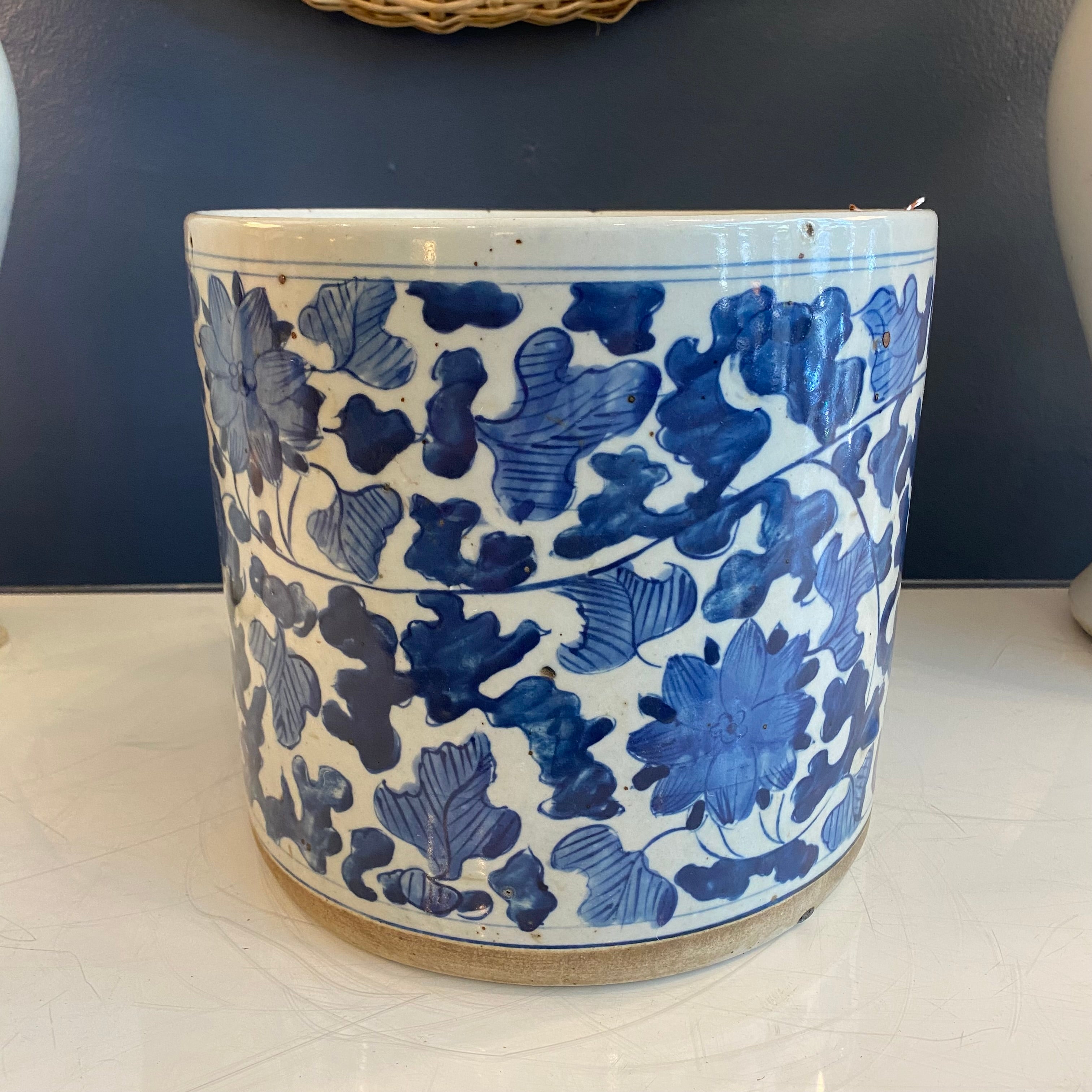 Blue and White Planter with Leaf Motif