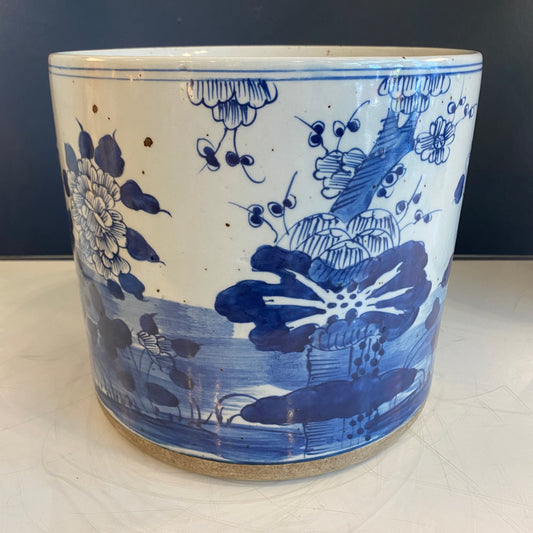 Blue and White Porcelain Floral Motif Planter - Foot Stomp Clay